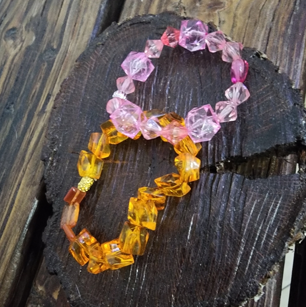 Handmade Stretch Bracelet Set, Clear Orange and Pink Beads of various sh…